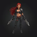 Red Haired Female Warrior 3D Character In Black Combat Outfit With Dual Blades