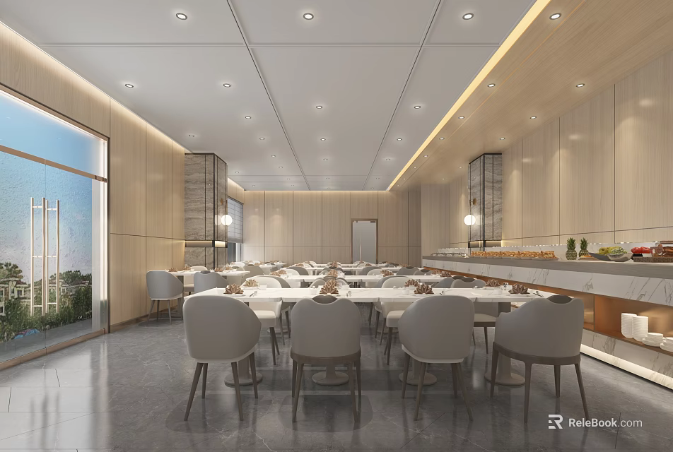 Modern Restaurant Interior With Dining Tables Chairs Buffet Counter Large Windows Wooden Walls And Lighting 3d model 