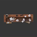 Wooden Reception Desk Setup With Table Lamp Printer Telephone Papers And Cardboard Boxes