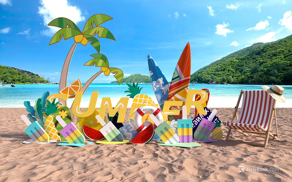 Vibrant Summer Beach Photo Spot With Palm Trees Surfboards Ice Cream And Deck Chair 3d model 