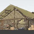 Rustic Wooden House Featuring Thatched Roof Wooden Beams Barrels And Crates
