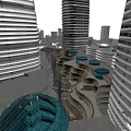 Modern Commercial Complex With Spiral Structures Glass Dome And Urban Landscape
