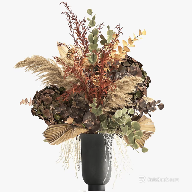 Black Vase Arrangement with Dried Pampas Grass Eucalyptus and Hydrangea in Warm Tones 3d model 