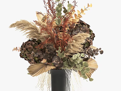 Black Vase Arrangement with Dried Pampas Grass Eucalyptus and Hydrangea in Warm Tones 3d model