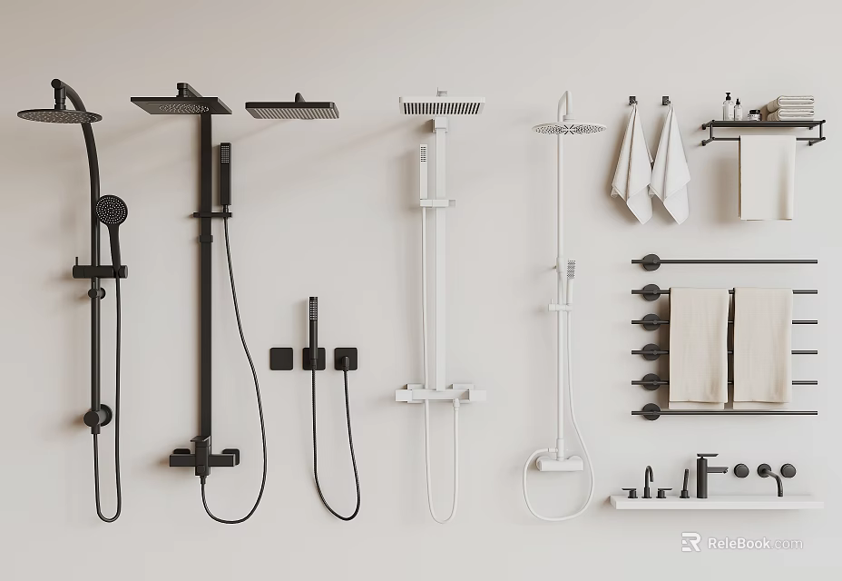 Various Modern Shower Heads and Handheld Sprayers with Towel Racks and Accessories 3d model 