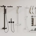 Various Modern Shower Heads and Handheld Sprayers with Towel Racks and Accessories