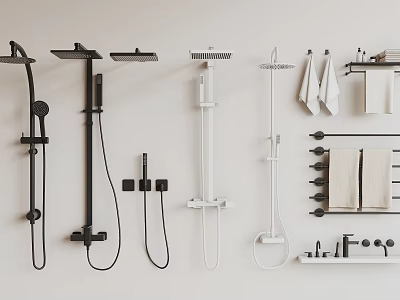 Various Modern Shower Heads and Handheld Sprayers with Towel Racks and Accessories 3d model