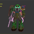 Detailed Green Mech Robot Character With Red Eye Holding Weapon And Mechanical Armor Design