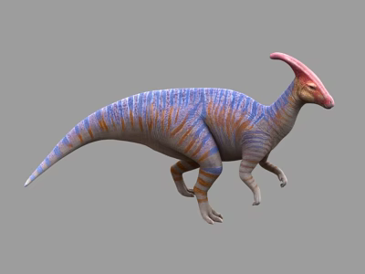 3D Rendered Dinosaur With Blue Orange Stripes And Pink Crest In Walking Pose 3d model