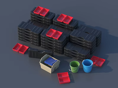 Public Facility Stacked Black Trash Bins With Red Lids Blue Bags And Colored Buckets 3d model