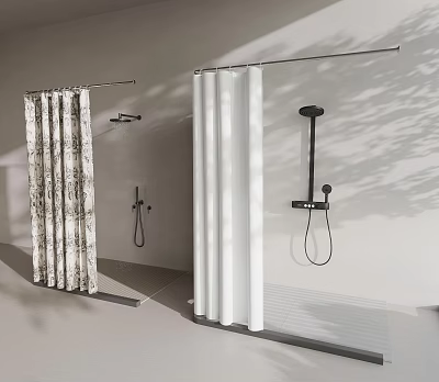 Modern Bathroom Shower Curtains With Patterned And White Styles And Black Fixtures 3d model