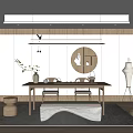 Modern Tea Room Interior Featuring Wooden Walls White Cabinets Round Mirror Long Table Tea Sets