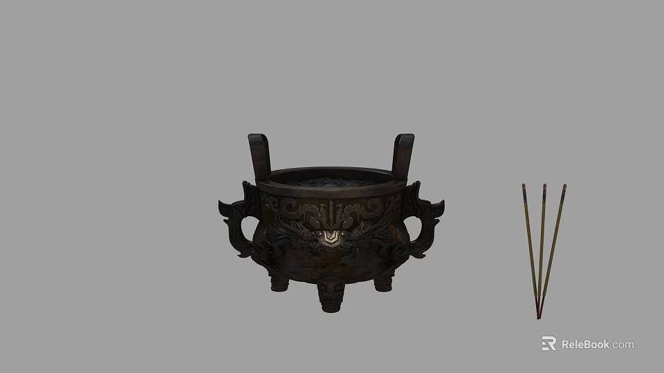 Traditional Bronze Tripod Censer with Ornate Design and Incense Sticks 3d model 