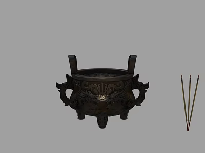 Traditional Bronze Tripod Censer with Ornate Design and Incense Sticks 3d model