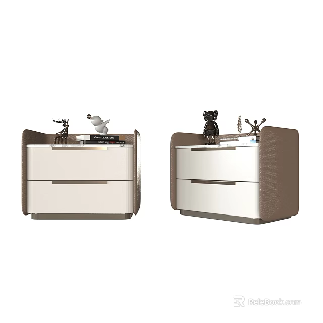 Two Modern Bedside Tables with Drawers and Decorative Small Statues 3d model 