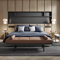 Modern Bedroom Interior With Wooden Wall Paneling Blue Bedding And Bench At Foot Of Bed