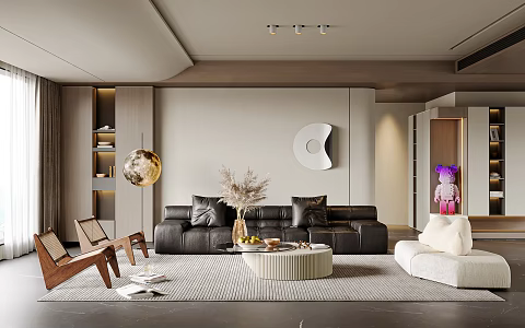 Quiet Living Room Home Living Room Combination Multi-person Sofa Single Sofa Coffee Table Decoration Combination Floor Lamp Plant Decoration 3d model