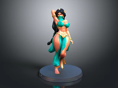 Woman with Long Black Hair in Green Outfit and Veil Dancing 3D Model on Base 3d model