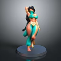 Woman with Long Black Hair in Green Outfit and Veil Dancing 3D Model on Base