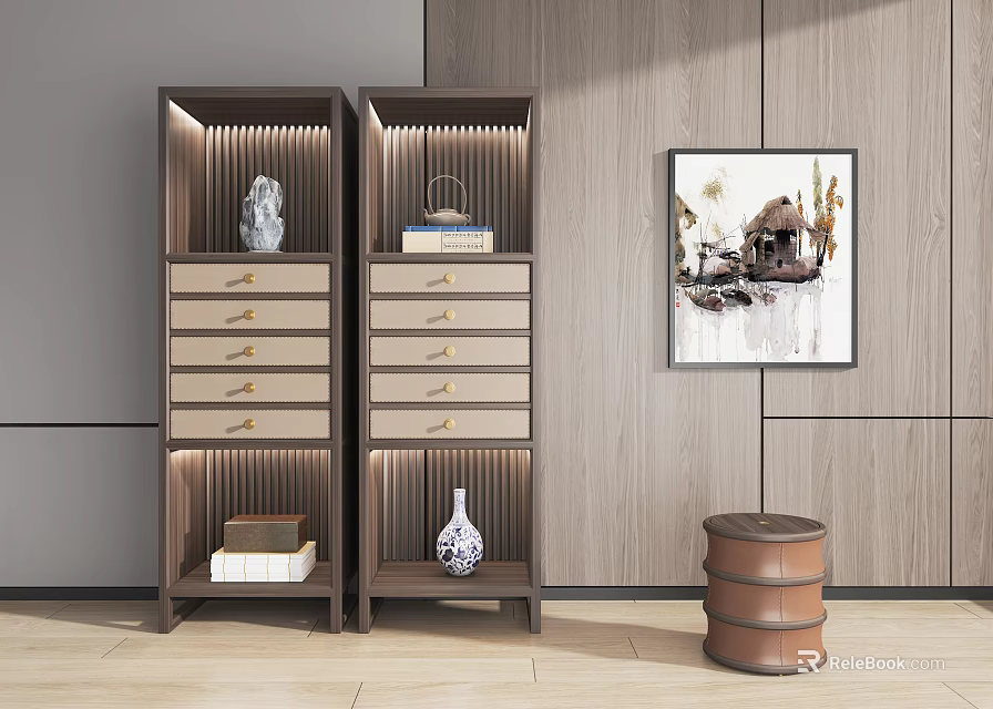 Modern Wooden Bogu Shelves Interior With Decorative Vases Books And Wall Art 3d model 