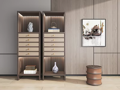 Modern Wooden Bogu Shelves Interior With Decorative Vases Books And Wall Art 3d model