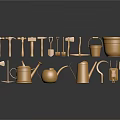 Golden Garden Tools and Containers Arranged on Black Background with Reflective Surfaces