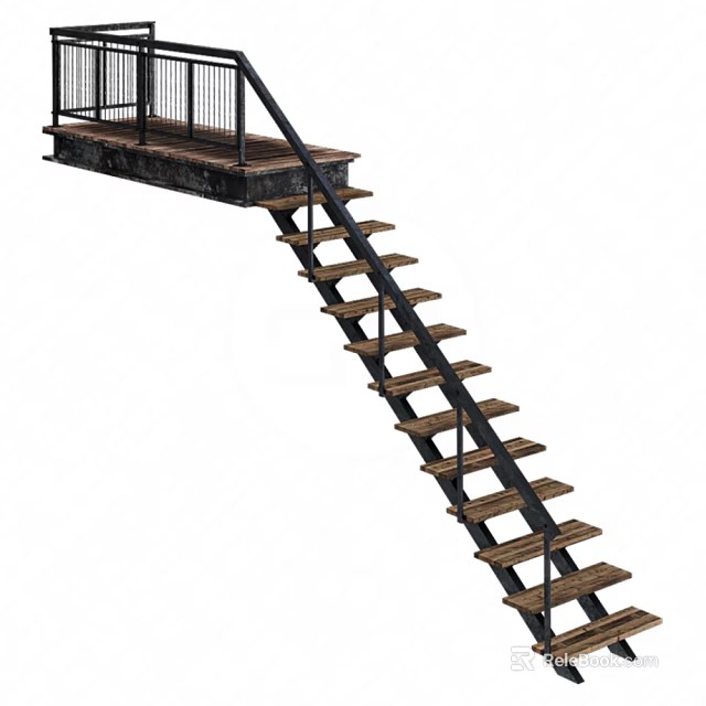 Industrial Staircase With Black Metal Handrail And Wooden Treads Structure 3d model 