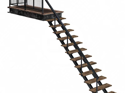 Industrial Staircase With Black Metal Handrail And Wooden Treads Structure 3d model
