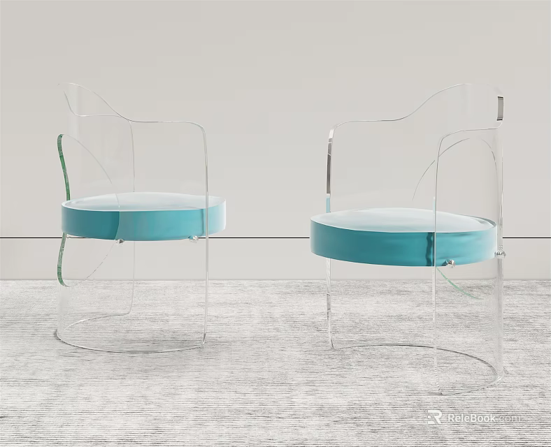 Stylish Modern Dining Chairs With Transparent Acrylic Frame And Blue Padded Seats 3d model 