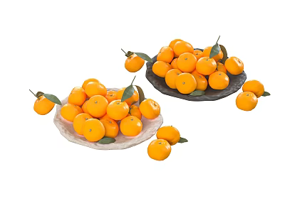 Fresh Oranges With Green Leaves On White And Black Plates Scattered Around 3d model
