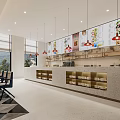 Modern Restaurant Interior With Large Menu Board Service Counter Shelves And Hanging Lights