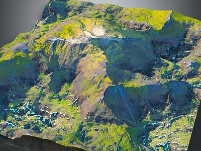 Landscape Design With 3D Terrain Green Vegetation Mountain Hills And Natural Water Elements 3d model