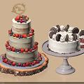 Fruit Decorated Multi Layer Cake On Wooden Stump Tray And Oreo Cookies Single Layer Cake