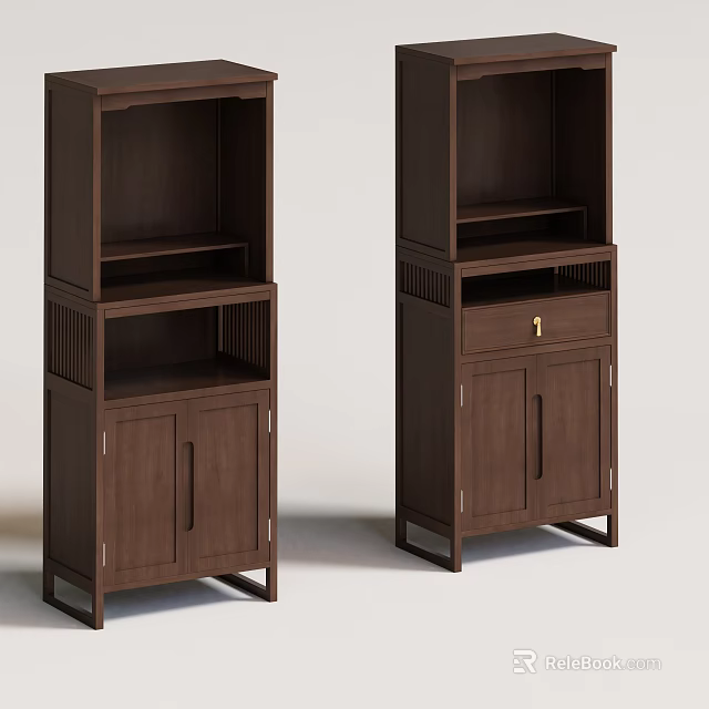 Double Brown Wooden Storage Cabinet Shelf With Multilayer Design And Doors 3d model 