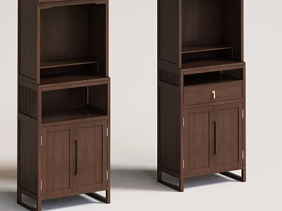Double Brown Wooden Storage Cabinet Shelf With Multilayer Design And Doors 3d model
