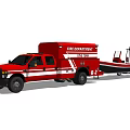 Red Fire Department Emergency Truck Towing Rescue Boat In Industrial Warehouse