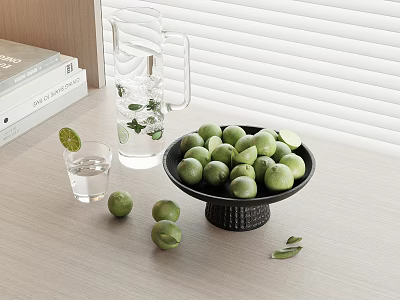 Fresh Green Limes in Black Bowl with Glass Pitcher and Mint Leaves on Wooden Table 3d model