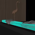 Golden Crane Sculpture With Green Water Feature Stone And Wooden Background In Modern Decor