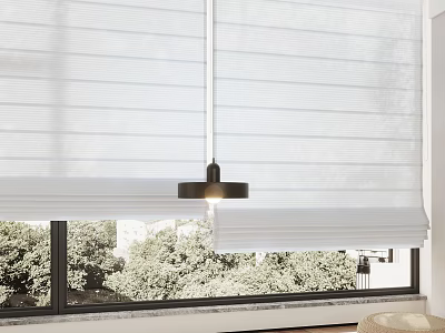 White Window Blinds Covering Window With Green Outdoor View And Pendant Light 3d model