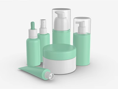 Green And White Perfume Cosmetics Bottles With Different Shapes Pump Dropper Tube And Jar 3d model