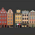 Cartoon Scene Street View Featuring Colorful Buildings Different Roof Shapes And Ground Floor Shop Awnings