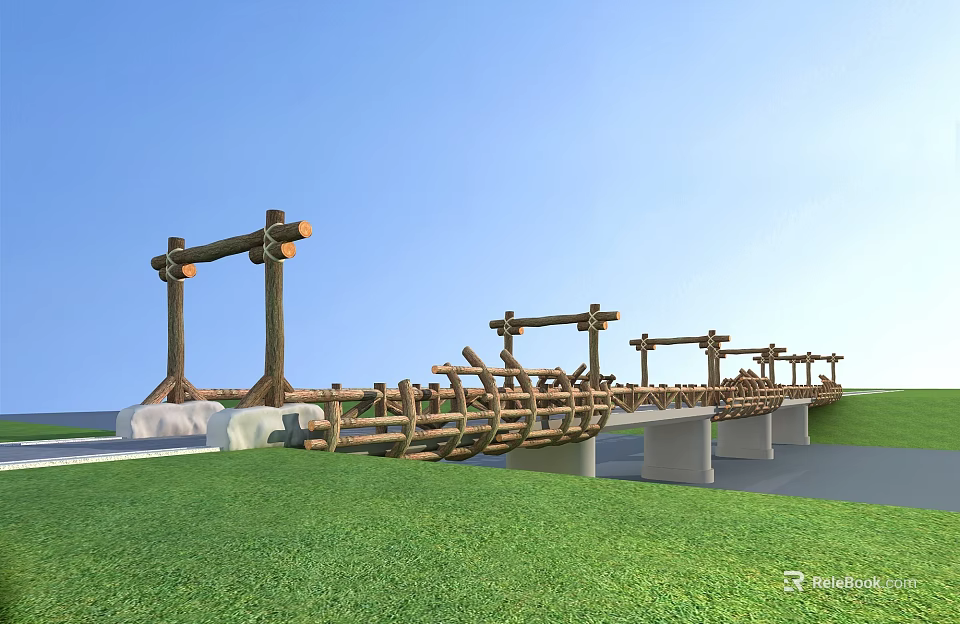 Wooden Bridge With Railings And Pillars Over Green Grass Under Blue Sky 3d model 