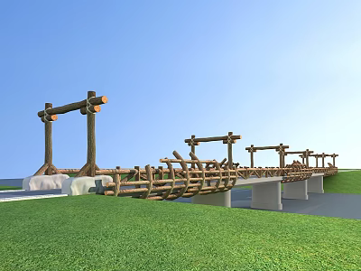 Wooden Bridge With Railings And Pillars Over Green Grass Under Blue Sky 3d model