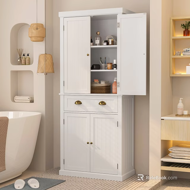 White Bathroom Storage Cabinet With Glass Door And Brass Handles For Organizing Toiletries 3d model 