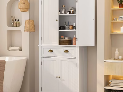 White Bathroom Storage Cabinet With Glass Door And Brass Handles For Organizing Toiletries 3d model