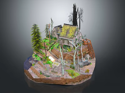 Cartoon Scene Featuring Old House With Mossy Roof Pine Trees Dead Trees And Path 3d model