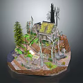 Cartoon Scene Featuring Old House With Mossy Roof Pine Trees Dead Trees And Path