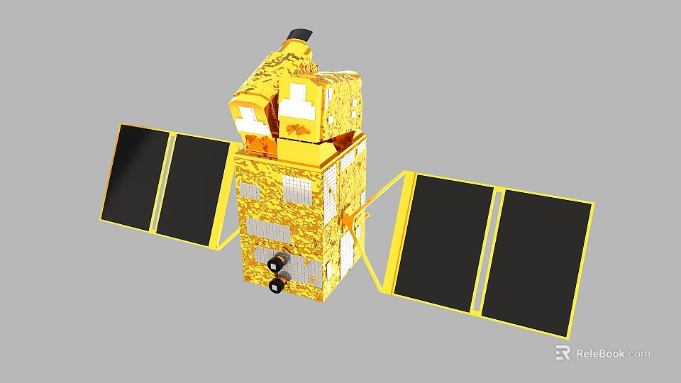 Yellow Space Satellite With Solar Panels And Technical Modules Structure 3d model 