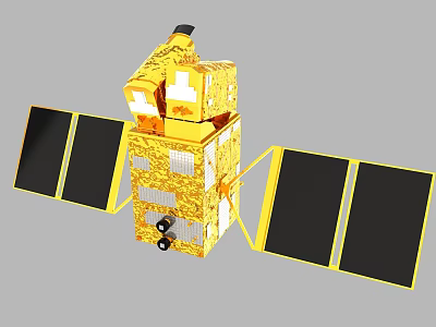 Yellow Space Satellite With Solar Panels And Technical Modules Structure 3d model