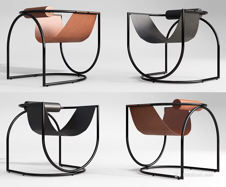 Modern Leisure Chair With Black Metal Curved Frame And Brown Black Leather Cushion Design 3d model 